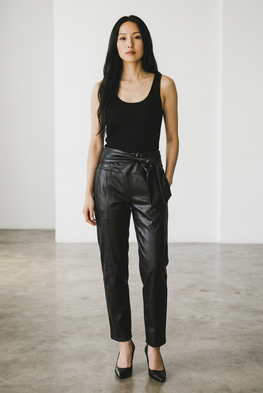 Nicole Miller Black Faux Leather Tie Waist Pants Size Medium High Rise